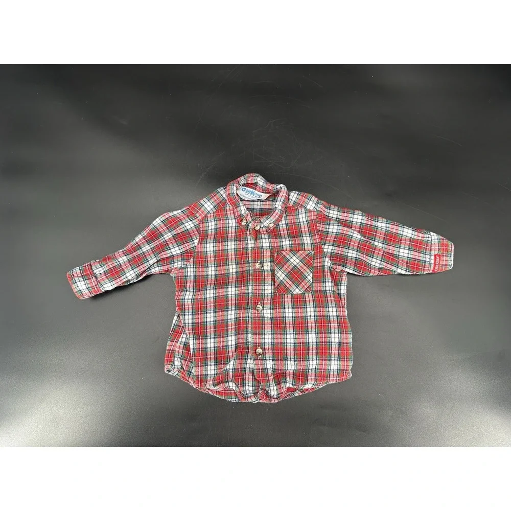 VTG Osh Kosh Bgosh Red Plaid Button Up Shirt Cotton Kids Sz 18 Months